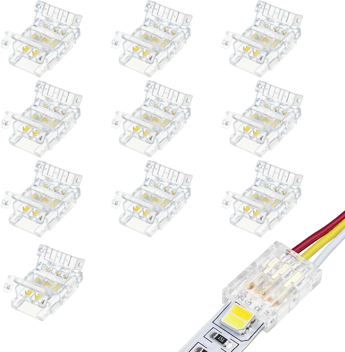 Transparent Crystal LED Strip Connectors – 10mm 3Pin Solderless Clips | Strip to Wire / Strip to Strip / DC Adapter – Local Stock US/UK