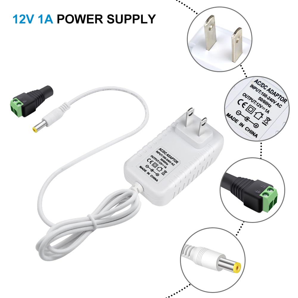 12V Power Supply Adapter 12W/24W/36W, AC 100–240V Input, Wall Plug Transformer, White Case — US Plug, LED Driver for Strip/CCTV/Electronics