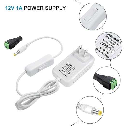 DC 12V Power Supply Adapter with On/Off Switch, 12W/24W/36W Options, US Plug, White Housing, 100–240V AC Input, Wall Plug Charger for LED Strip Lights and Electronics