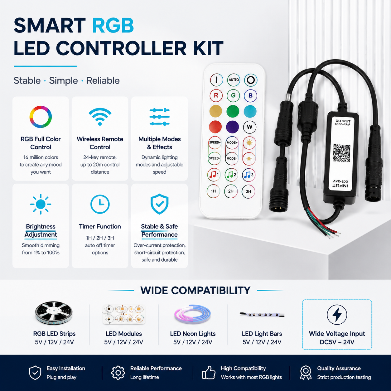 RGB LED Strip Controller – DC5V-24V | Waterproof Wireless RGB Controller with 24-Key Bluetooth Remote | For LED Strips