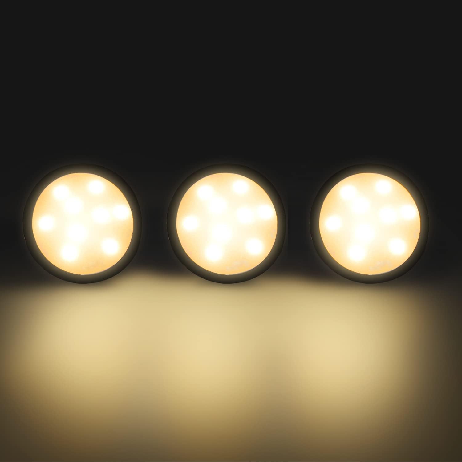 3er-Pack LED-Puck-Schrankleuchten – Warmweiß / Tageslichtweiß | Schwarzes Finish | 12-V-Adapter mit US-/UK-Stecker | Dimmbar per Touch | Klebemontage | für Küche und Unterschrank 