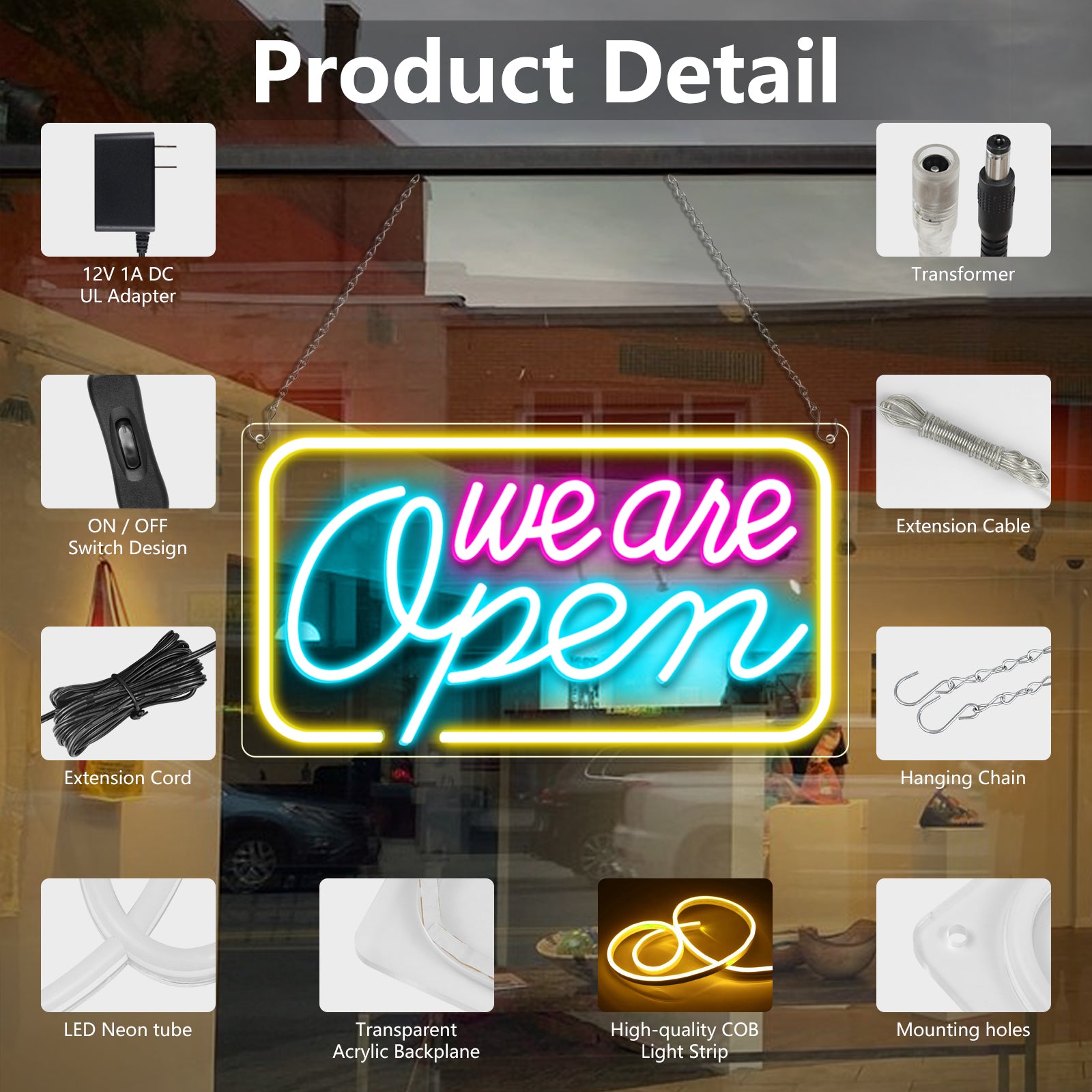 We Are Open Neon Sign – 5 Glow Color Options | 24×12.5 inch (60×32 cm) | Window Hanging | Plug & Play for Storefronts