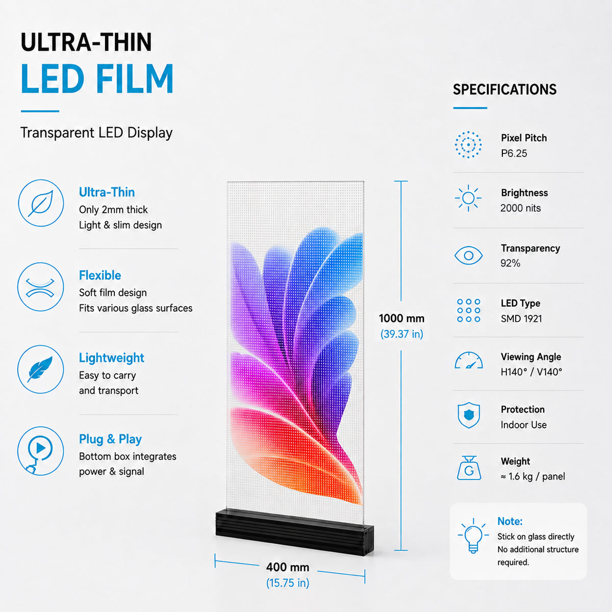 Film adhésif LED haute transparence P6.25 – 400 × 1 000 mm (15,75 × 39,37 po) | 2 000/4 000 nits | Affichage autocollant en verre transparent à 90 % pour vitrines et murs intérieurs en verre | Plusieurs options de kit | Prêt à l'emploi