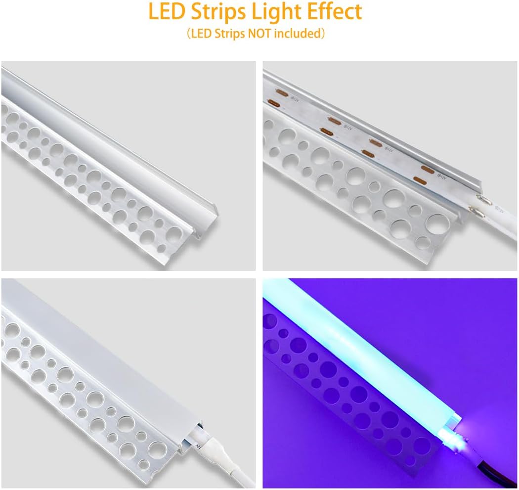 One-Sided Plaster-in Drywall LED Aluminum Channels– Fit for 1 to 13mm LED Strip | 1Meter | Silver | Milky White Cover | 4 / 6 / 10 -Pack | Local Stock US/UK