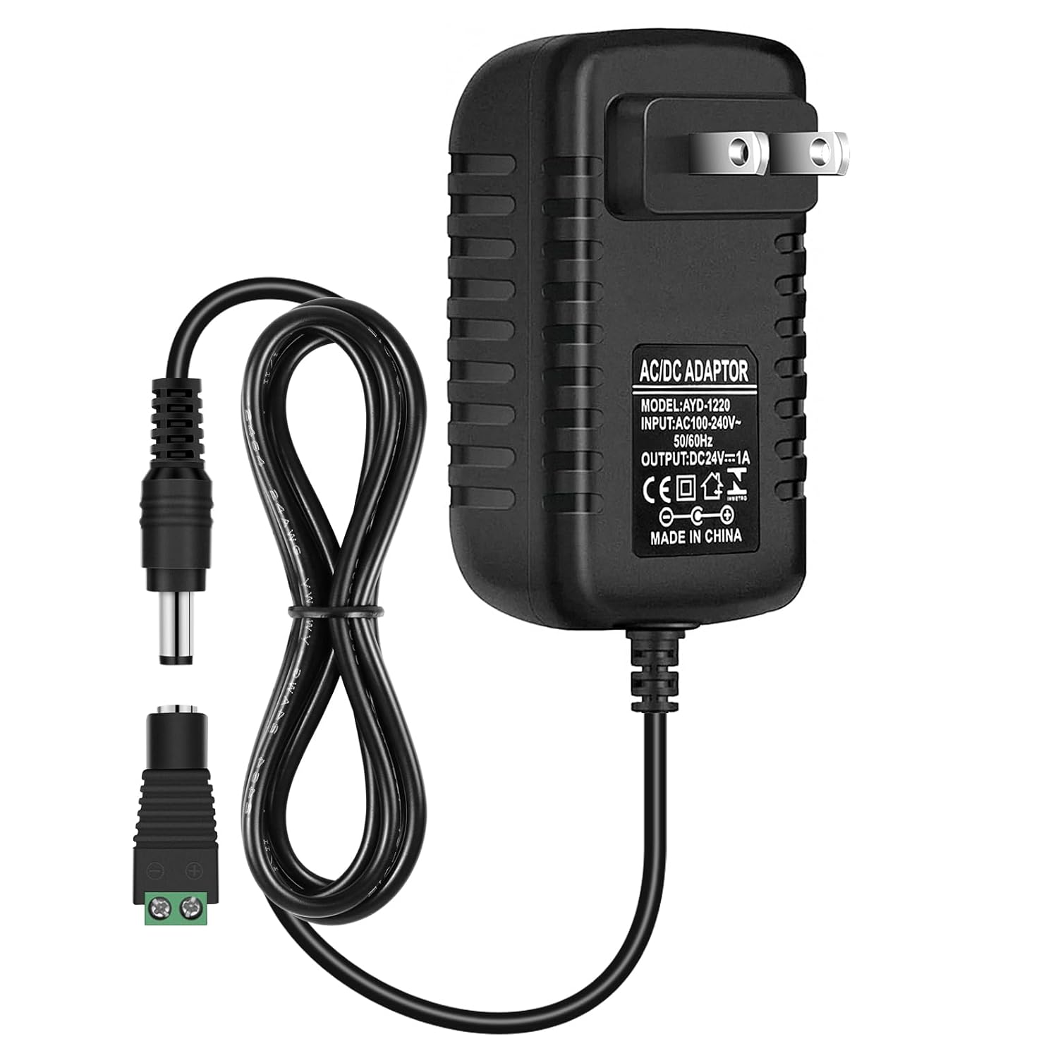 DC 24V Power Adapter 24W, AC 100–240V to 24V Wall Plug Switching Power Supply with US Plug, Black Case