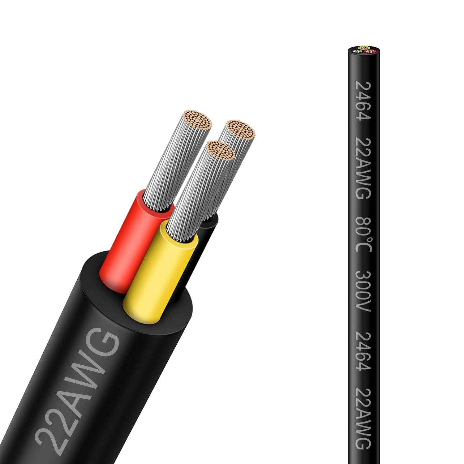 22 AWG Electrical Wire, 2/3/4/5 Conductor Stranded Tinned Copper Cable, Black/White PVC Jacket Flexible Multi-Core Extension Cord — 10/20/50m (33ft–165ft) Options
