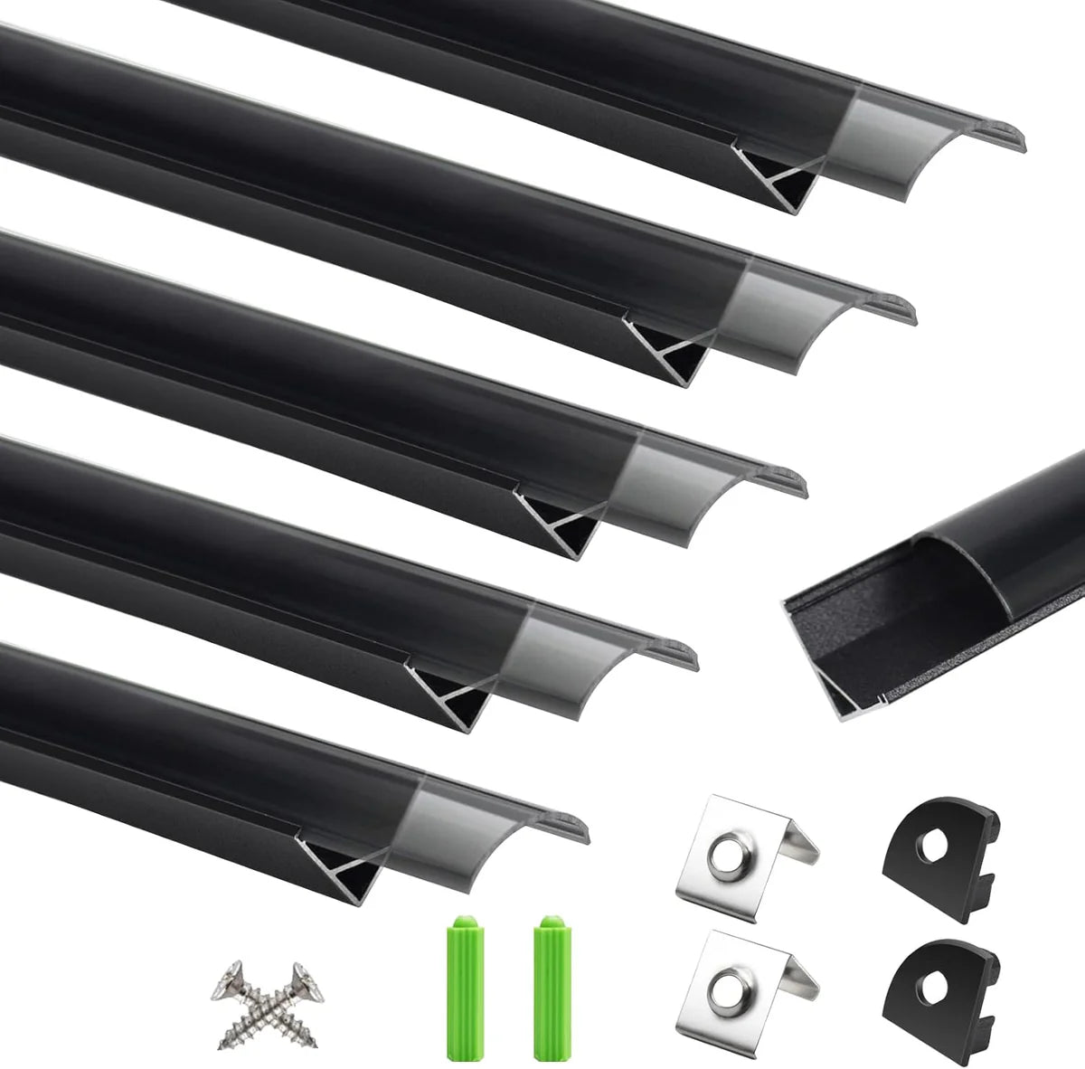 V-Shaped LED Aluminum Channel – For 1 to 10 mm LED Strips | 1 Meter | Silver / Black | Milky / Black Cover | With Mounting Accessories | Pack of 5 / 6 / 10 / 12 / 20 | Local Stock in US / UK