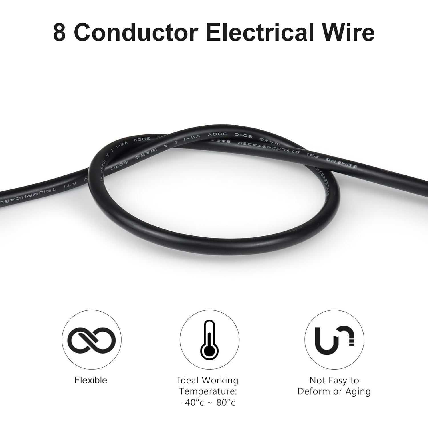 24 AWG Electrical Cable, 6/7/8 Conductor Stranded Tinned Copper Multi-Core Wire, Black/White PVC Jacket Flexible Control Extension Cord, 10/20/50m (33ft–165ft) Options