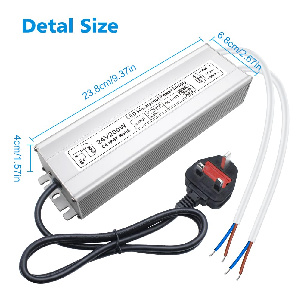 24V Waterproof LED Driver, 175–265V Input, 200W–500W, Single/Dual Wire Output, Outdoor Power Adapter, CE/RoHS/FCC — UK/EU Plug & Wire Leads Options
