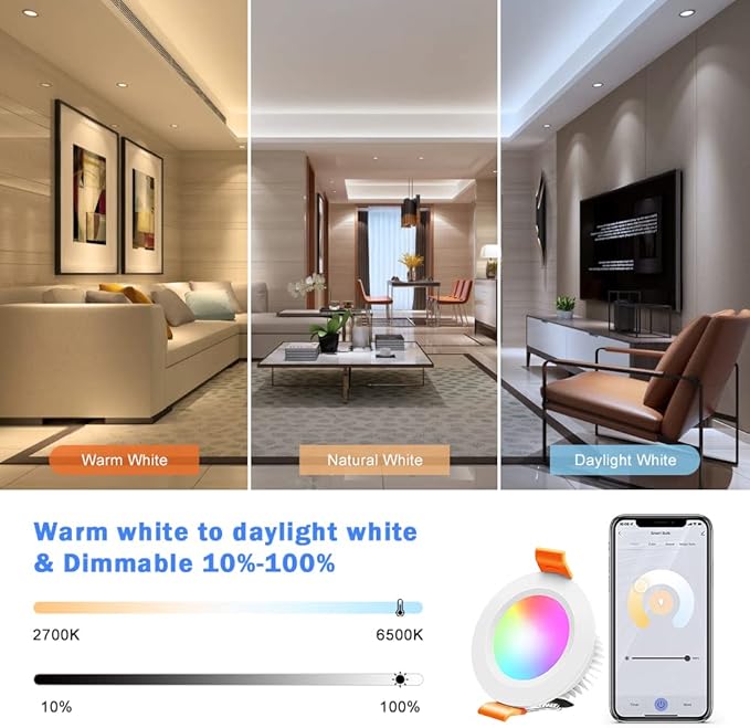 Smart WiFi Recessed Lighting | 2Inch 5W | Dimmable RGB & CCT 2700-6500K | 100–240V | White Housing | Compatible with Alexa and Google Home | 4 / 6 / 10-Pack