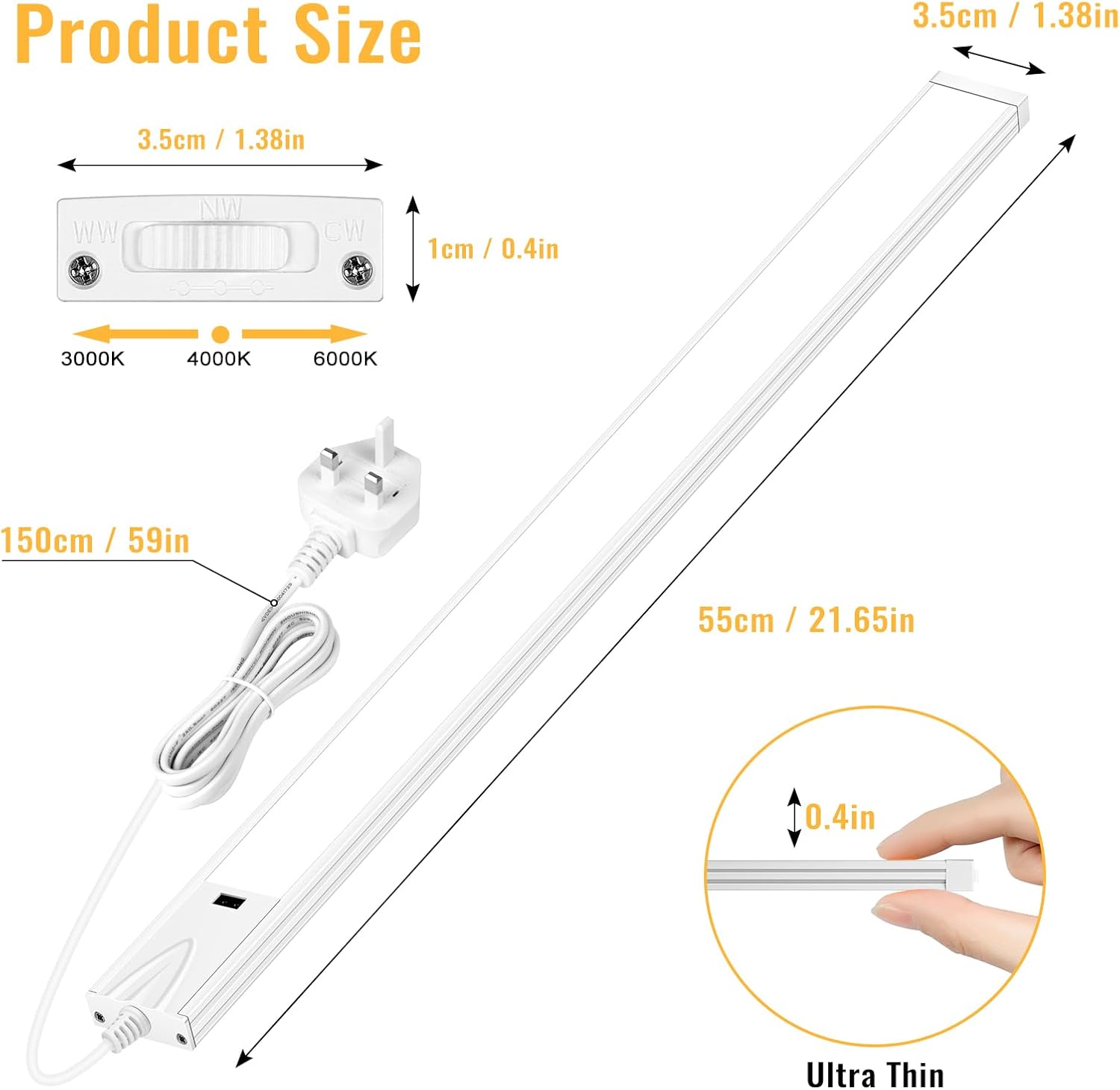 1/2 Pack 16 / 22 Inch Under Cabinet Light – 3CCT (3000K/4000K/6000K) | Hand Wave Sensor | Adhesive Mount | Slim Design for Cabinet & Shelf – White Finish