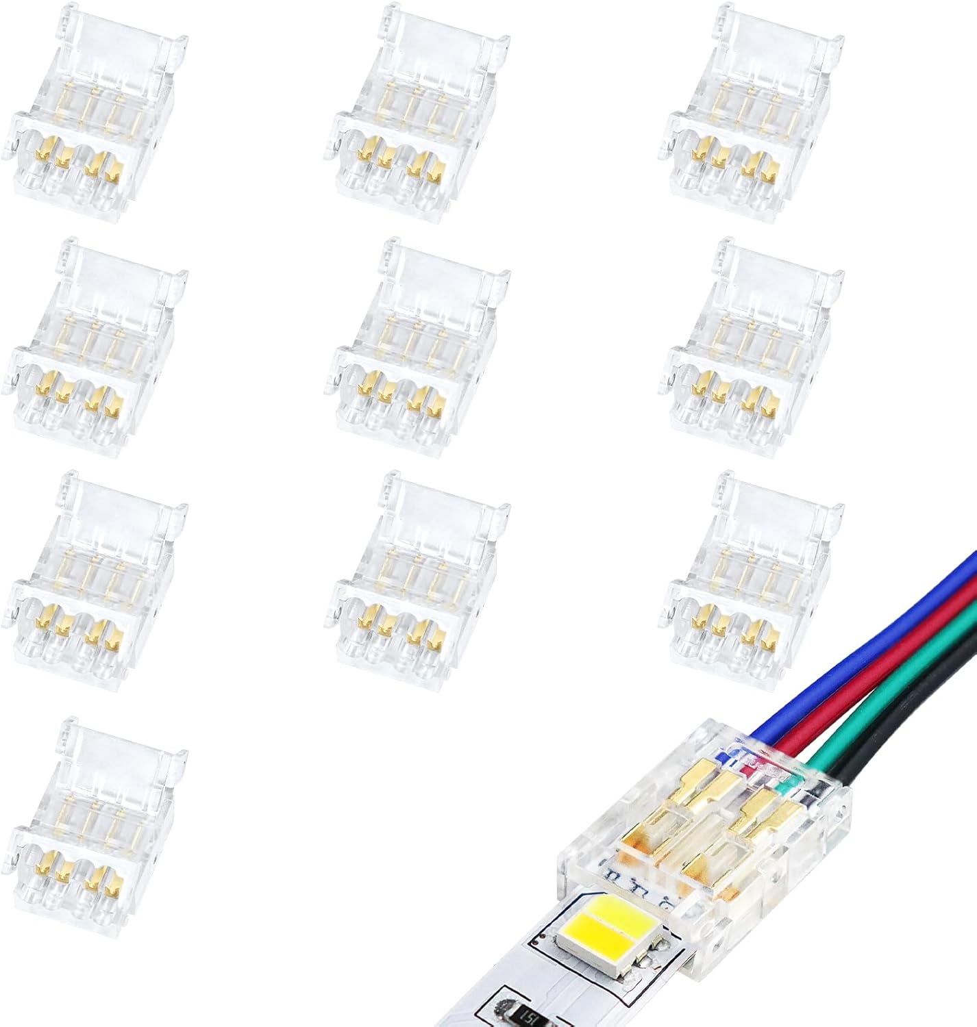 Transparent Crystal LED Strip Connectors – 10mm 4Pin Solderless Clips | Strip to Wire / Strip to Strip / Female Plug – Local Stock US/UK