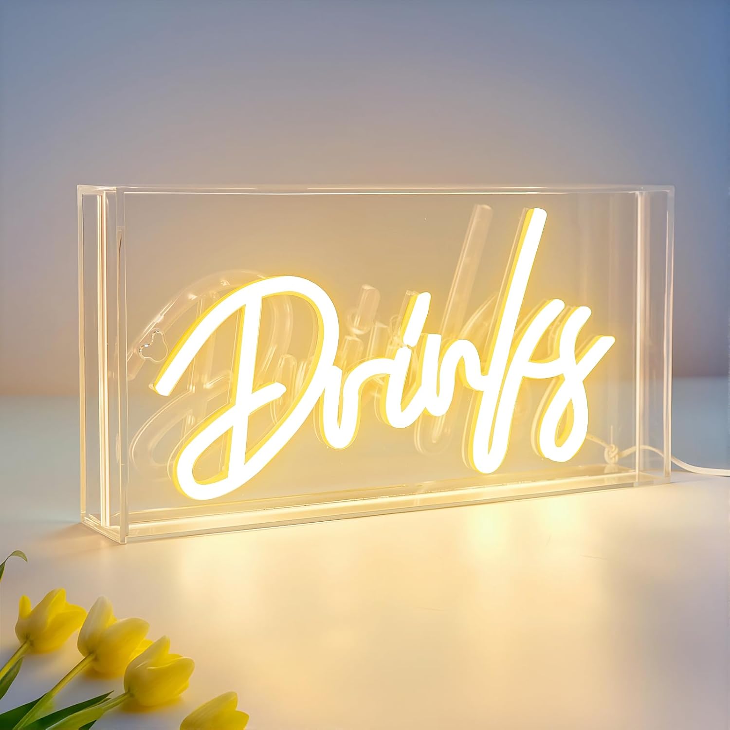 DRINKS Desk Lightbox Sign – Rectangular 12x6 inch | Warm White/ Pink | USB Powered | Tabletop Display | For Table Decor, Home Bar, Kitchen, Club, Pub, Restaurant Wall Decor & Bar Cart Accessories