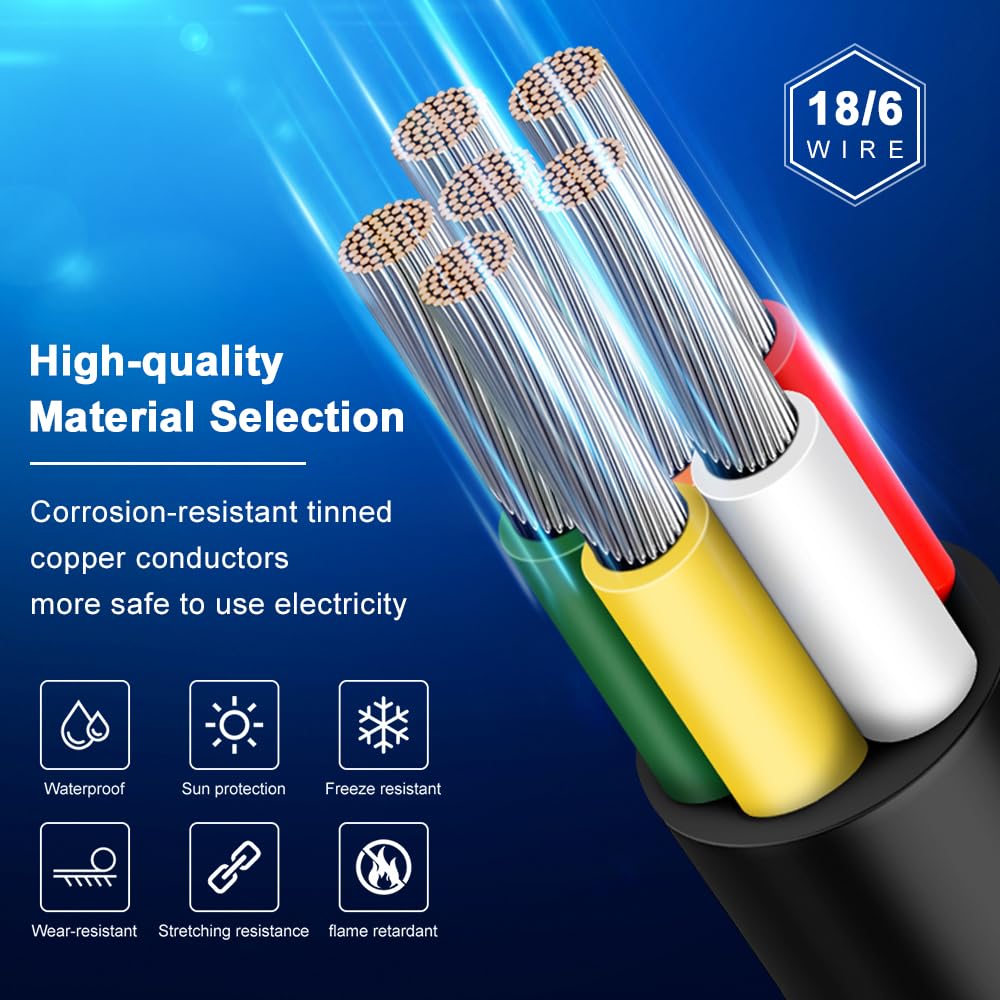 18 AWG Electrical Wire, 6/7/8 Conductor Stranded Tinned Copper Multi-Core Cable, Black/White PVC Flexible Control Extension Cord — 10/20/50m (33ft–165ft) Options