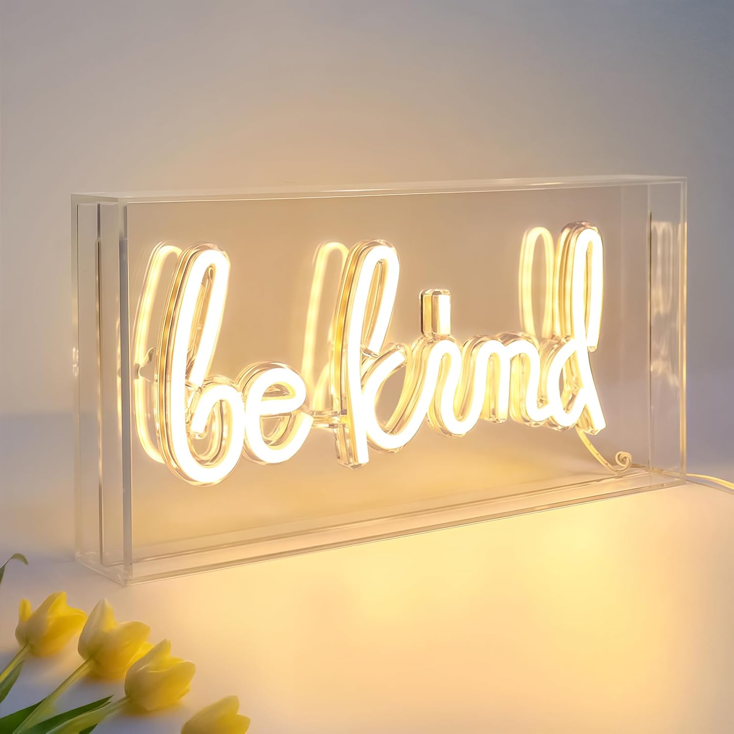 BE KIND Desk Lightbox Sign – Rectangular 12x6 inch | Warm White/ Pink | USB Powered | Tabletop Display | For Girls' Room, Bedroom, Pub, Hotel, Beach, Cock