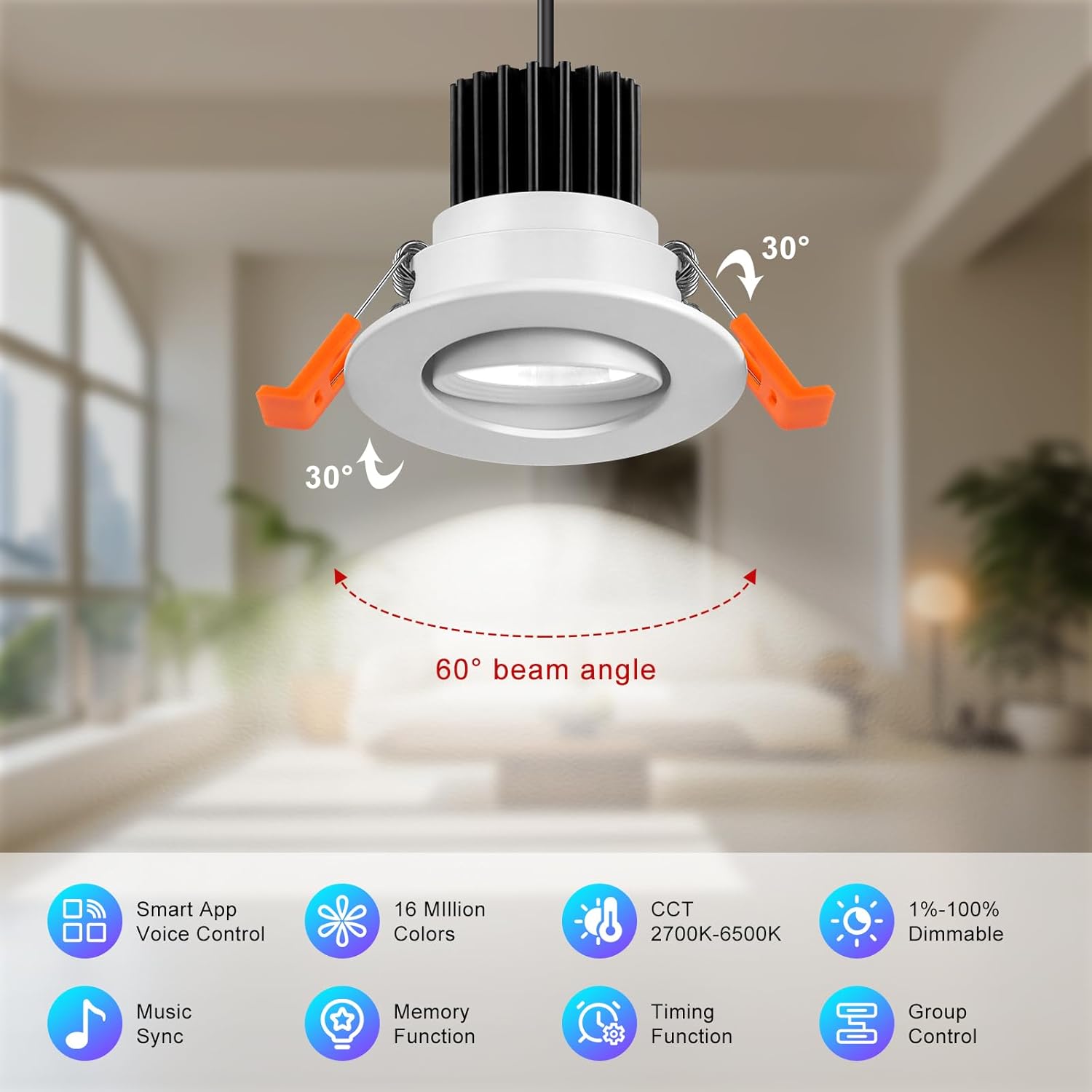 Smart COB WiFi Recessed Lighting | 2Inch 5W | Dimmable RGB & CCT 2700-6500K | 100–240V | White Housing | Compatible with Alexa and Google Home | 4 / 6 / 10 / 12-Pack