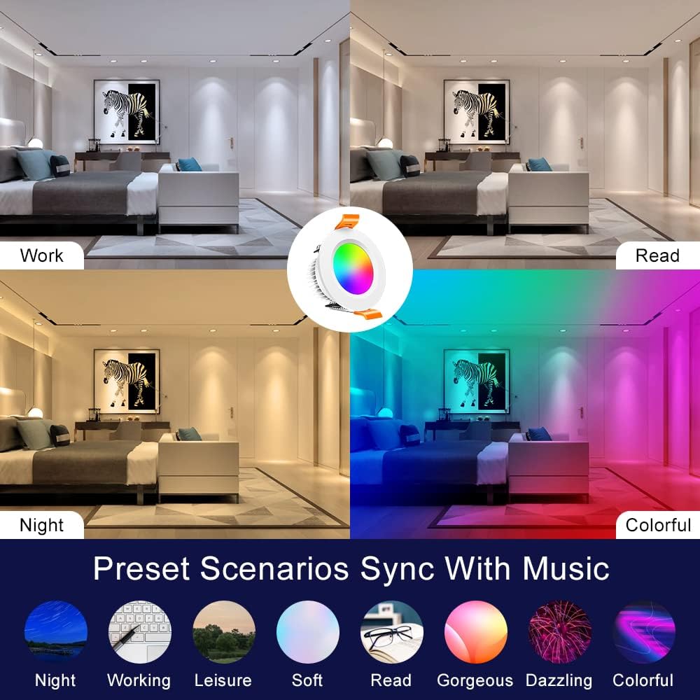 Smart WiFi Recessed Lighting | 2Inch 5W | Dimmable RGB & CCT 2700-6500K | 100–240V | White Housing | Compatible with Alexa and Google Home | 4 / 6 / 10-Pack