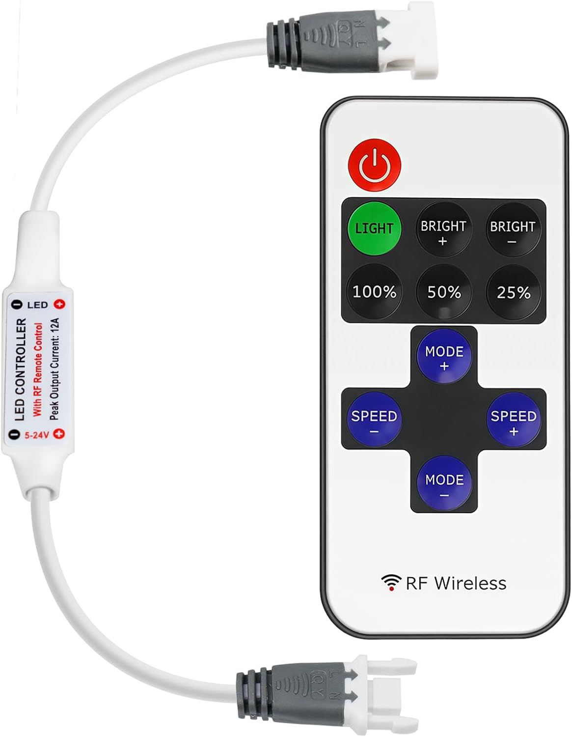 LED Strip Controller – 5V/24V – White RF Remote with Dimmer Function | For Single Color 5050/3528 Strips