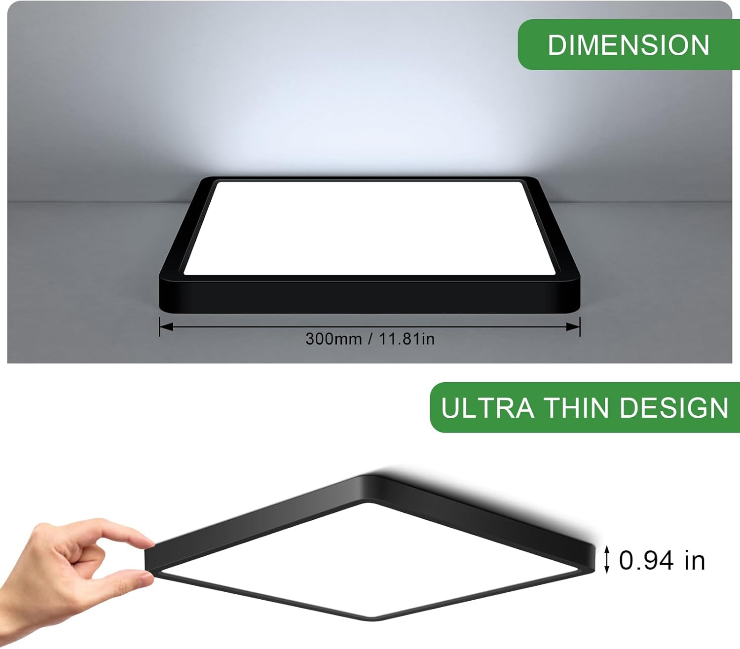 12.0 Inch Square LED Ceiling Light – 24W – Black – 3000K / 4500K / 5000K / 6500K – Flush Mount Ceiling Light – Local Stock (US/UK/DE)