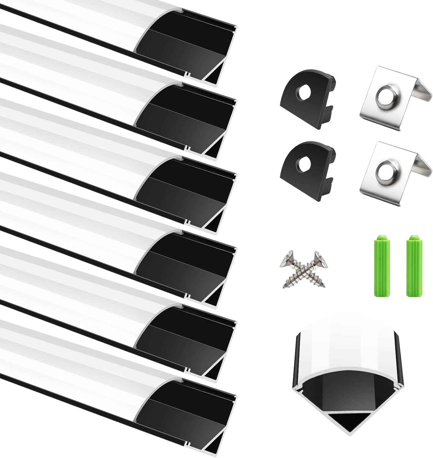 V Shape LED Aluminum Channels – Fit for 1 to 10mm LED Strip | 1Meter | Silver / Black | Milky White / Black Cover | With Installation Accessories | 5 / 6 / 10 / 12 / 20 / -Pack | Local Stock US/UK