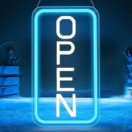 Vertical OPEN Neon Sign – USB Powered | 17×9 inch (44×24 cm) | 6 Color Options | LED Window Hanging Light for Storefronts