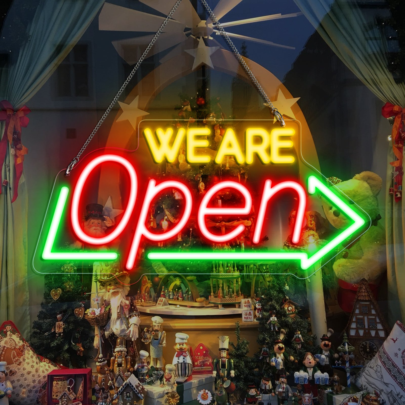 WE ARE OPEN Neon Sign – USB Powered | 16×8 inch (41×20 cm) | Arrow Shape LED Window Sign | 3 Color Combos for Storefront Display