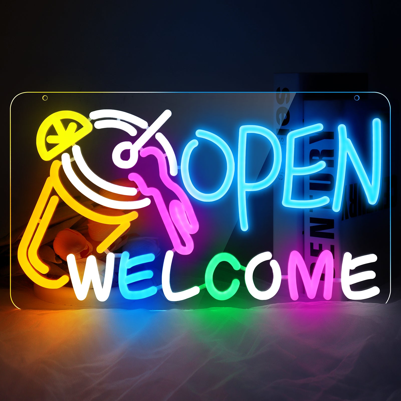 OPEN WELCOME Neon Sign – USB Powered | 16×9 inch (41×23 cm) | Multicolor Glow | LED Window Light with Cocktail Design for Bar, Café, Storefront