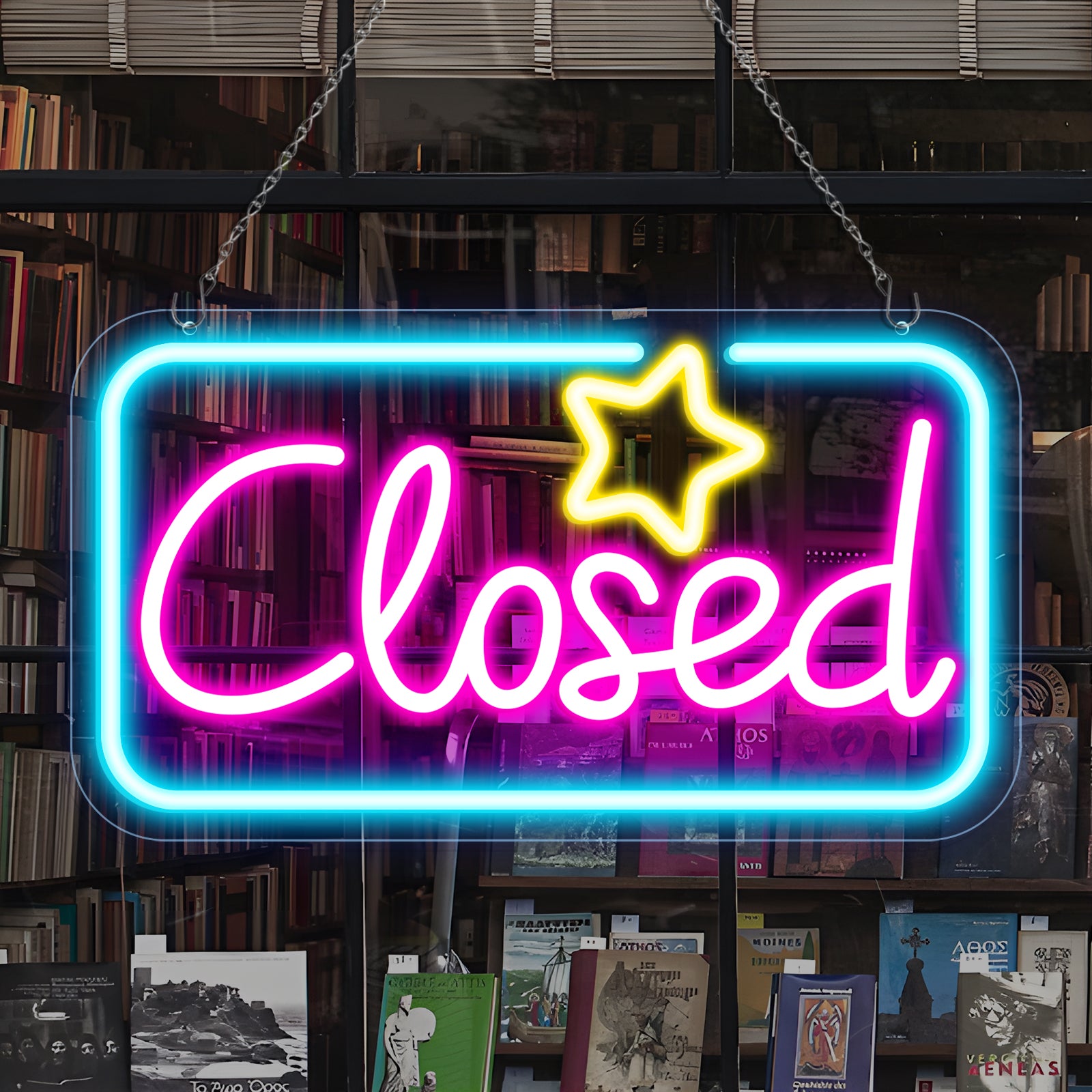 Closed Neon Sign – Ice Blue & Pink Glow + Yellow Star | 17×9 inch (42×23 cm) | Window Hanging  | Plug & Play for Storefronts