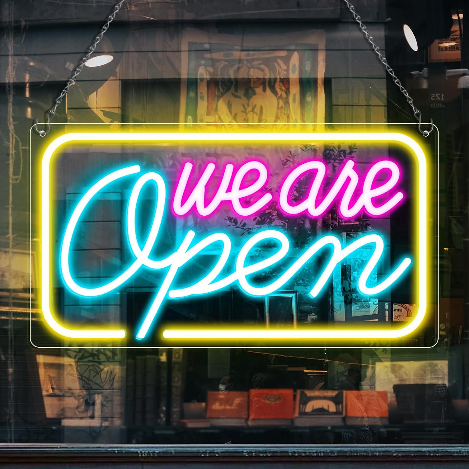 We Are Open Neon Sign – 5 Glow Color Options | 24×12.5 inch (60×32 cm) | Window Hanging | Plug & Play for Storefronts