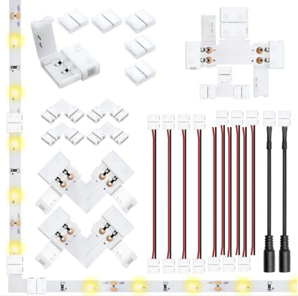 LED Strip Connector Kit – 10mm 2Pin Solderless Assortment Pack | Mixed Set with Strip to Wire / Strip to Strip / L / T / DC Plug – Local Stock US/UK