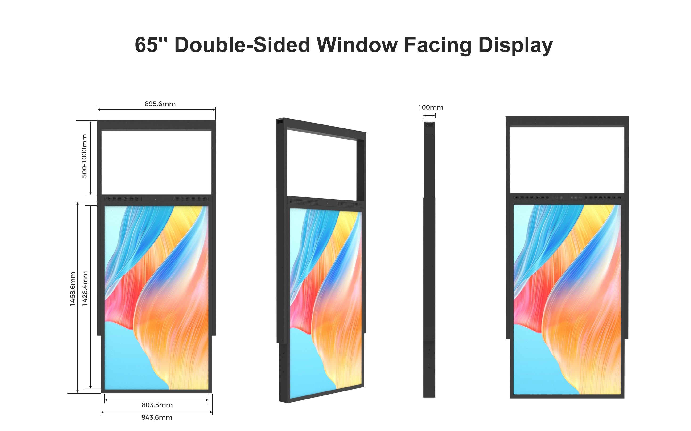 65" doppelseitiges, hochhelles Fenster-LCD-Display, 2500 Nits vorne + 700 Nits hinten, Android 2+32G, ohne Touch, Cloud/APP/USB, Hänge-/Bodenständer 
