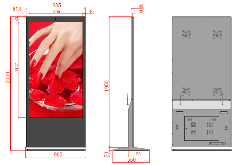 65''  IR Touch Screen LCD Digital Signage, Free Standing LCD Digital Poster Kiosk, Single Sided, Android OS, Caster Wheels