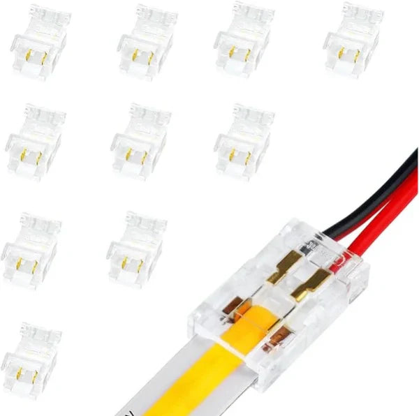 Transparent Crystal LED Strip Connectors – 10mm 2Pin Solderless Clips | Strip to Wire / Strip to Strip / DC Adapter – Bulk Wholesale 500pcs MOQ | Factory Direct