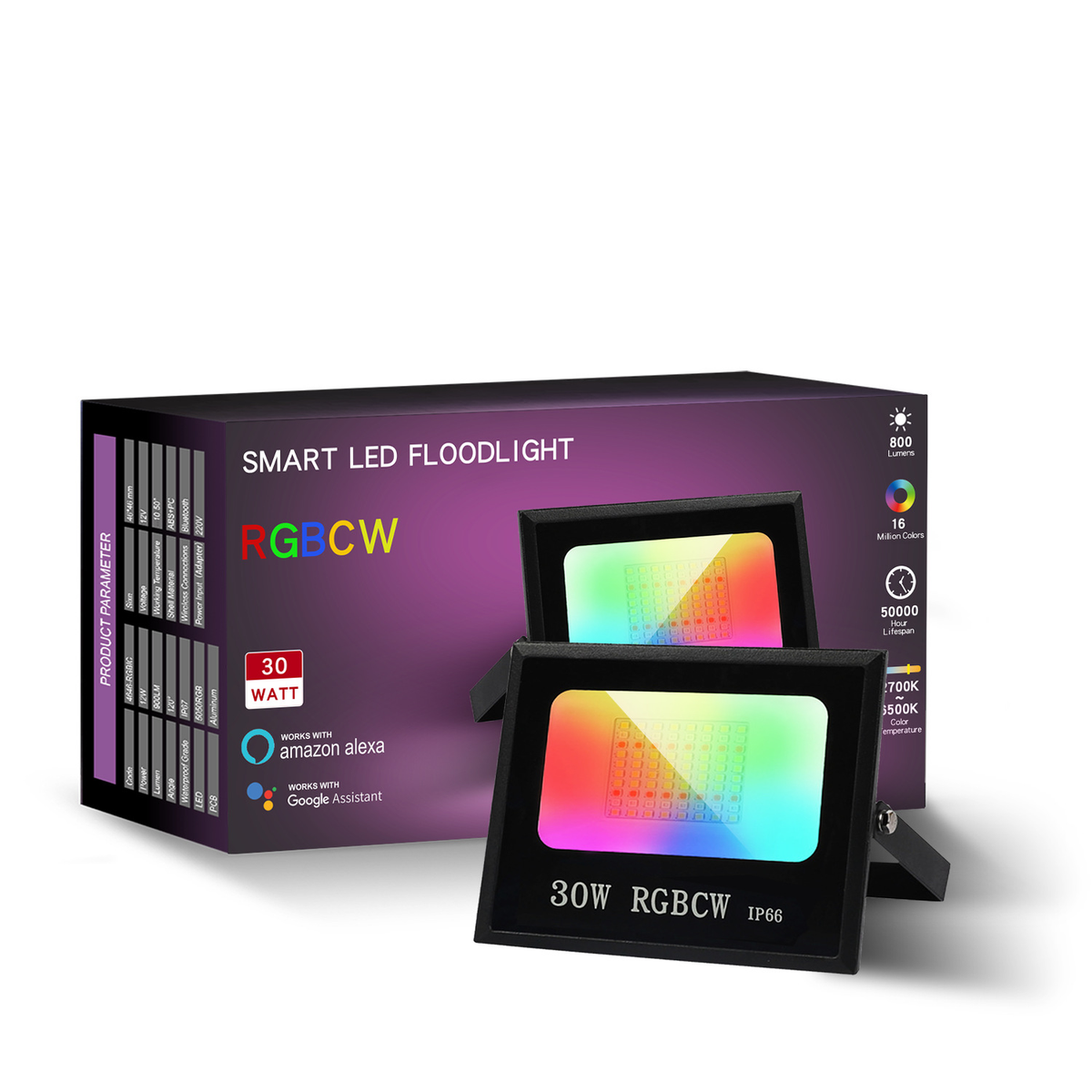 FL-SM Series Smart RGBCW LED Flood Light – 30W - 200W | Bluetooth / WiFi APP | 2700K–6500K Tunable White + 16 Million Colors | IP66 Waterproof Landscape Light with Music Sync | Works with Alexa &amp; Google Assistant | With Plug | 2 / 10-Pack