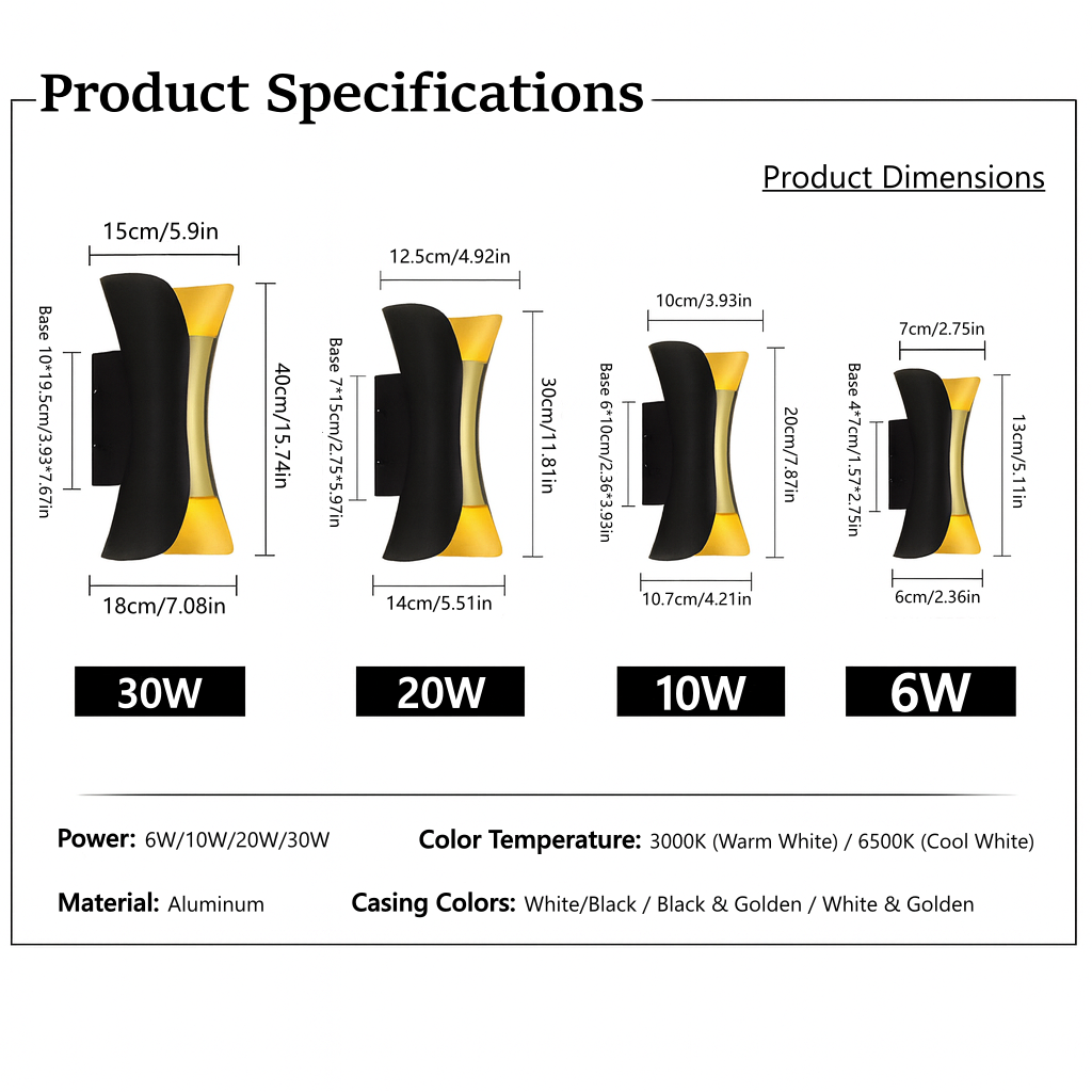 Waterproof LED Wall Light - 6W / 10W / 20W / 30W | 3000K / 6500K | White / Black / Black & Golden / White & Golden | Up & Down Outdoor Wall Sconce for Porch, Garden, Balcony & Indoor Decoration | Aluminum Housing | IP65 | 2-Pack