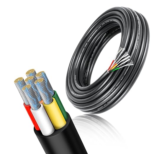 16 AWG Electrical Wire, 6/7/8 Conductor Multi-Core Tinned Copper Cable, Black/White PVC Insulated Flexible Control Wire, 10/20/50m (33ft–165ft) Options