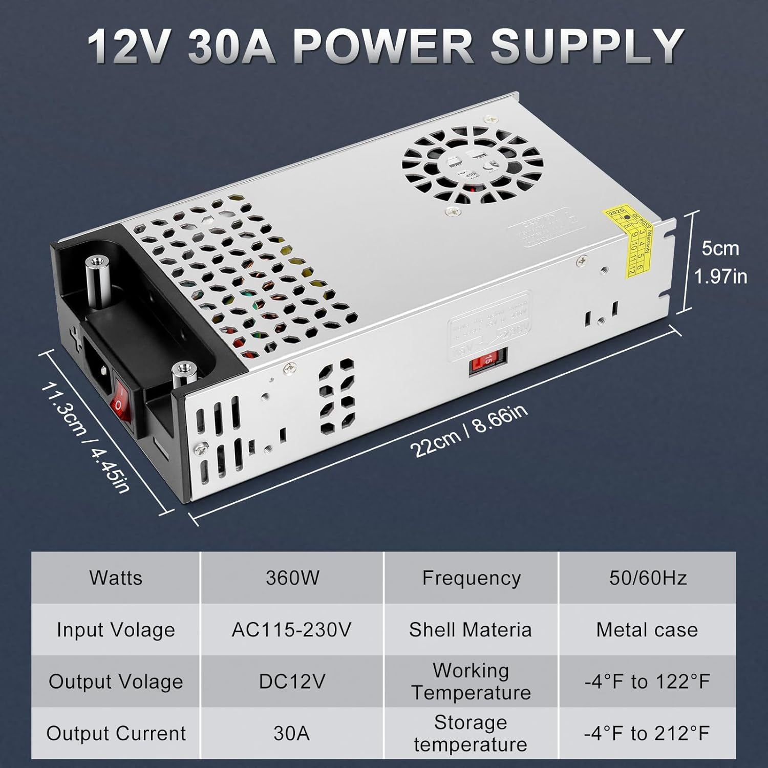 Upgrade 12 V DC Schaltnetzteil 360 W–720 W (30 A–60 A), AC 110/240 V Eingangskonverter und Transformator, Kühllüfterdesign, LED-Treiberadapter für Lichtstreifen, 3D-Drucker, Radio – US/UK/EU-Steckeroptionen, CE/FCC/RoHS-zertifiziert