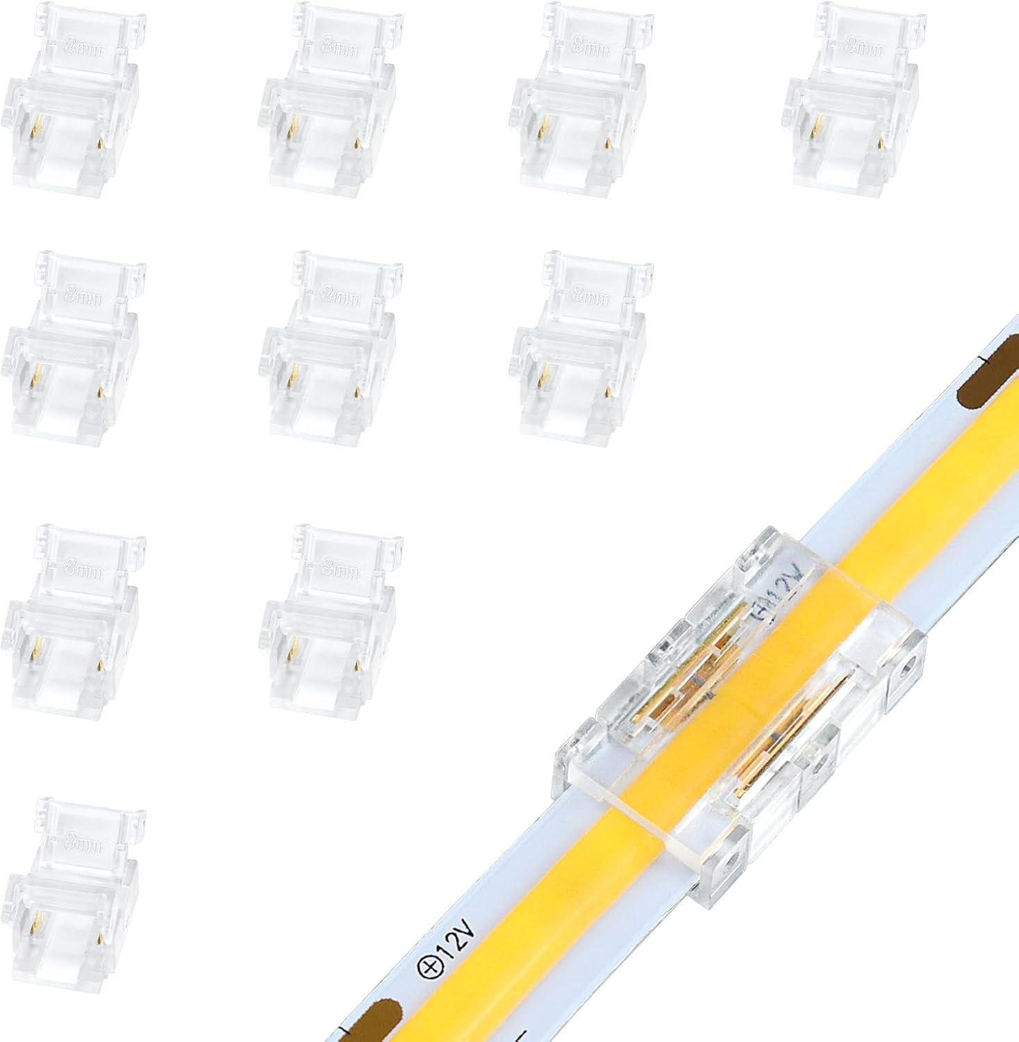 Transparente Kristall-LED-Streifenverbinder – 8 mm 2-polige lötfreie Clips | Streifen zu Kabel / Streifen zu Streifen / DC-Adapter / L – Lokaler Lagerbestand US/UK