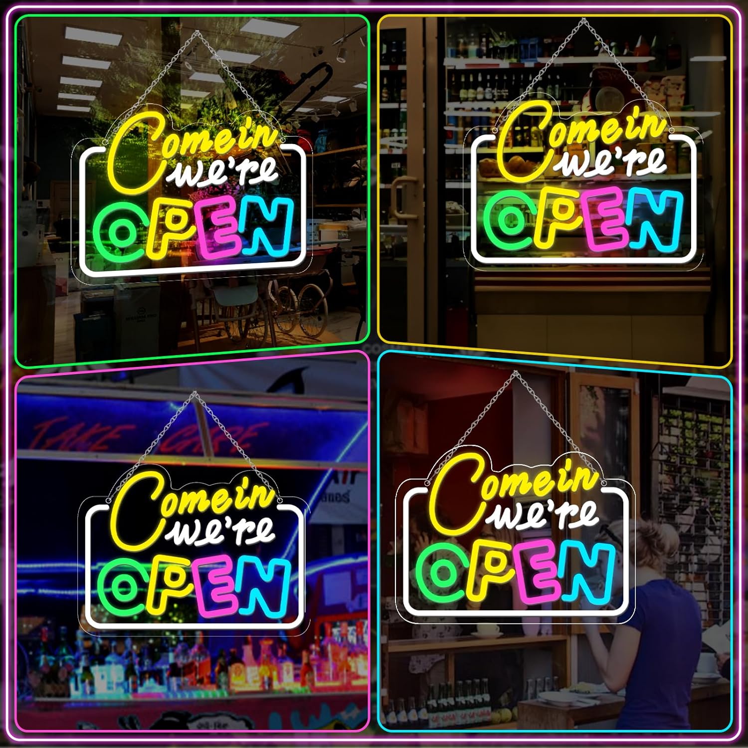 Come in We’re Open Neon Sign – Multicolor Glow | 15.7×11.8 inch (40×30 cm) | Window Hanging Business Sign | Plug & Play