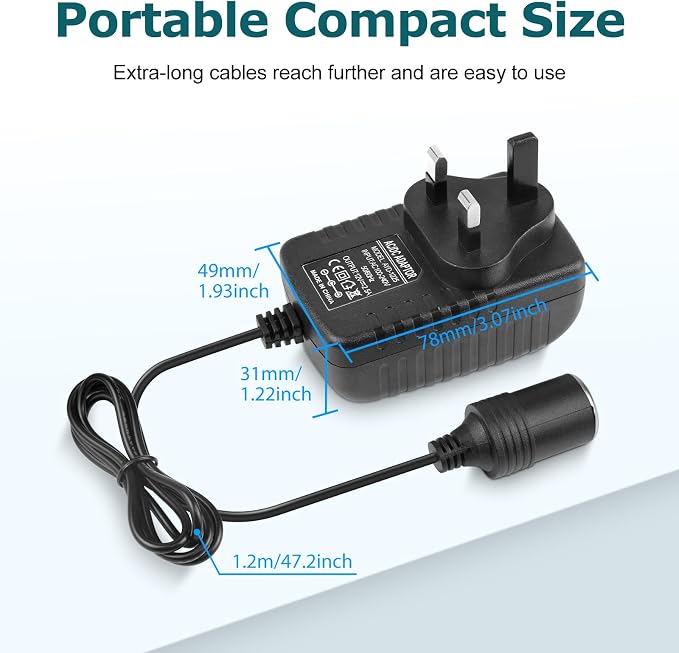 DC 12V Cigarette Lighter Power Supply Adapter 30W, AC 100–240V to 12V Converter Transformer, Car Socket Charger for Pump, Cooler, LED Lights — UK Plug