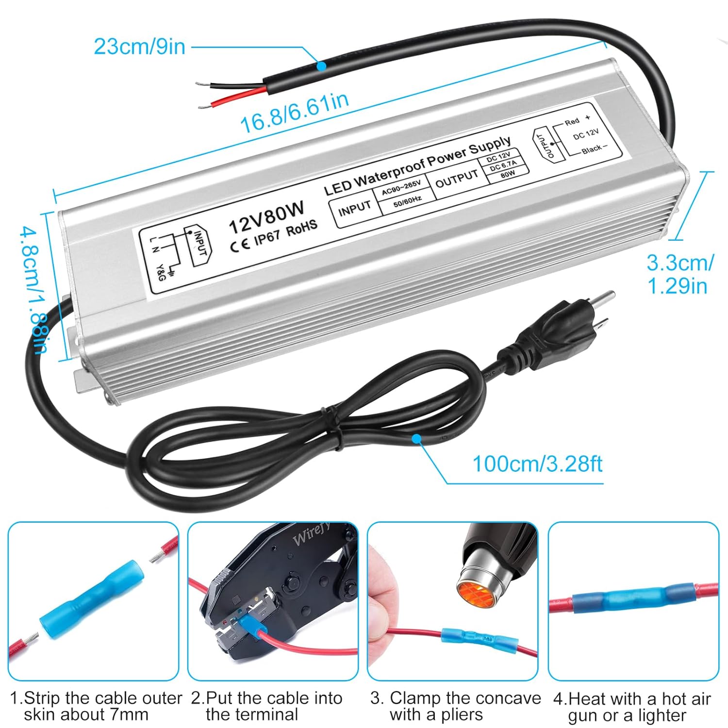 12V Waterproof LED Power Supply 30W–280W, 90–265V Input, Single/Dual Wire Output, Aluminum Housing, Outdoor LED Driver, CE/RoHS/FCC —US/UK/EU Plug & Wire Leads Options