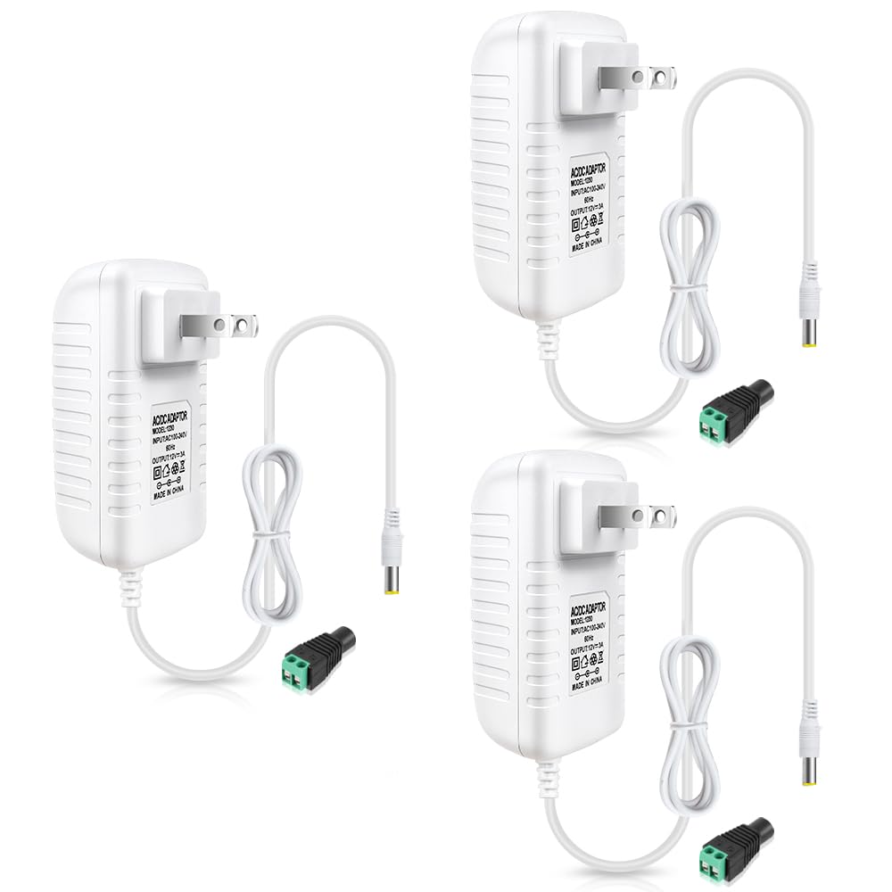 12V Power Supply Adapter 12W/24W/36W, AC 100–240V Input, Wall Plug Transformer, White Case — US Plug, LED Driver for Strip/CCTV/Electronics