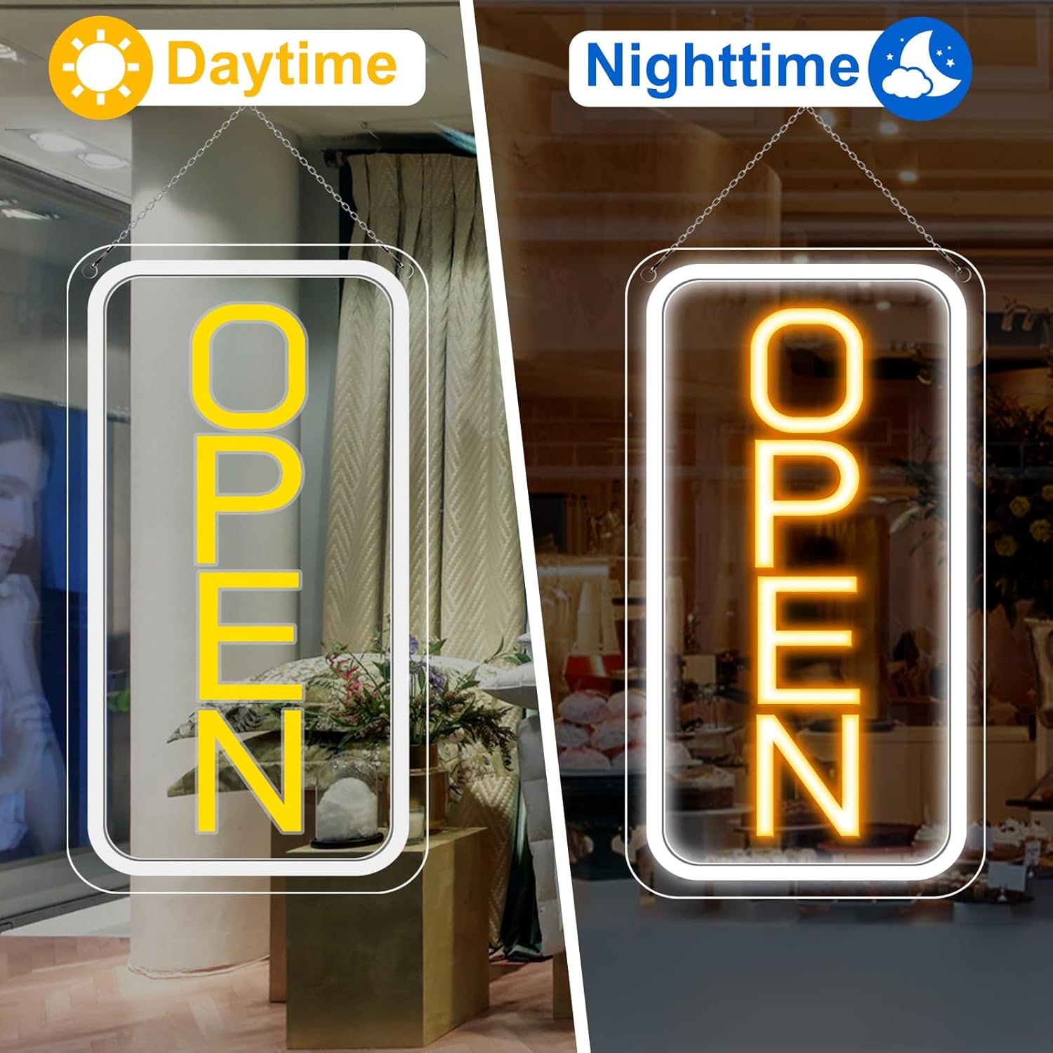 OPEN Neon-LED-Schild – Vertikal rechteckig | 5 Leuchtfarbenoptionen | 16×9 / 23×12 Zoll | Fensteraufhängung | Plug &amp; Play für Schaufenster
