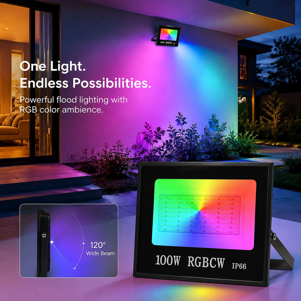 FL-SM Series Smart RGBCW LED Flood Light – 30W - 200W | Bluetooth / WiFi APP | 2700K–6500K Tunable White + 16 Million Colors | IP66 Waterproof Landscape Light with Music Sync | Works with Alexa &amp; Google Assistant | With Plug | 2 / 10-Pack