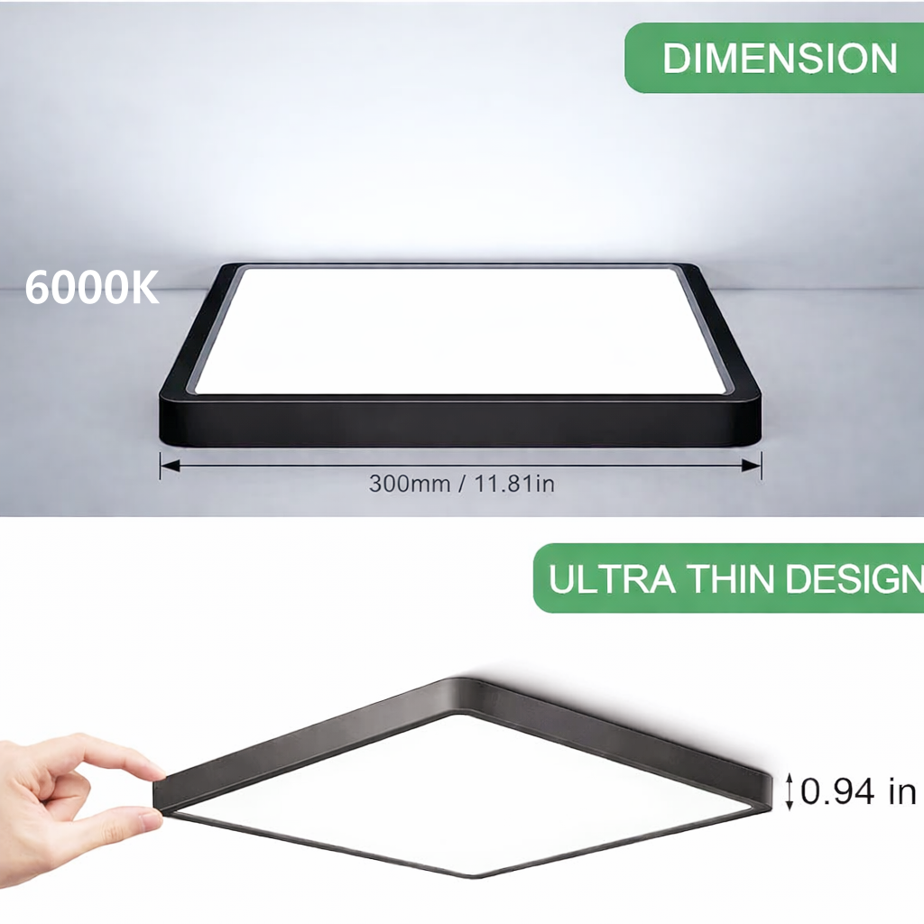 12.0 Inch Square LED Ceiling Light – 24W – Black – 3000K / 4500K / 5000K / 6500K – Flush Mount Ceiling Light – Local Stock (US/UK/DE)