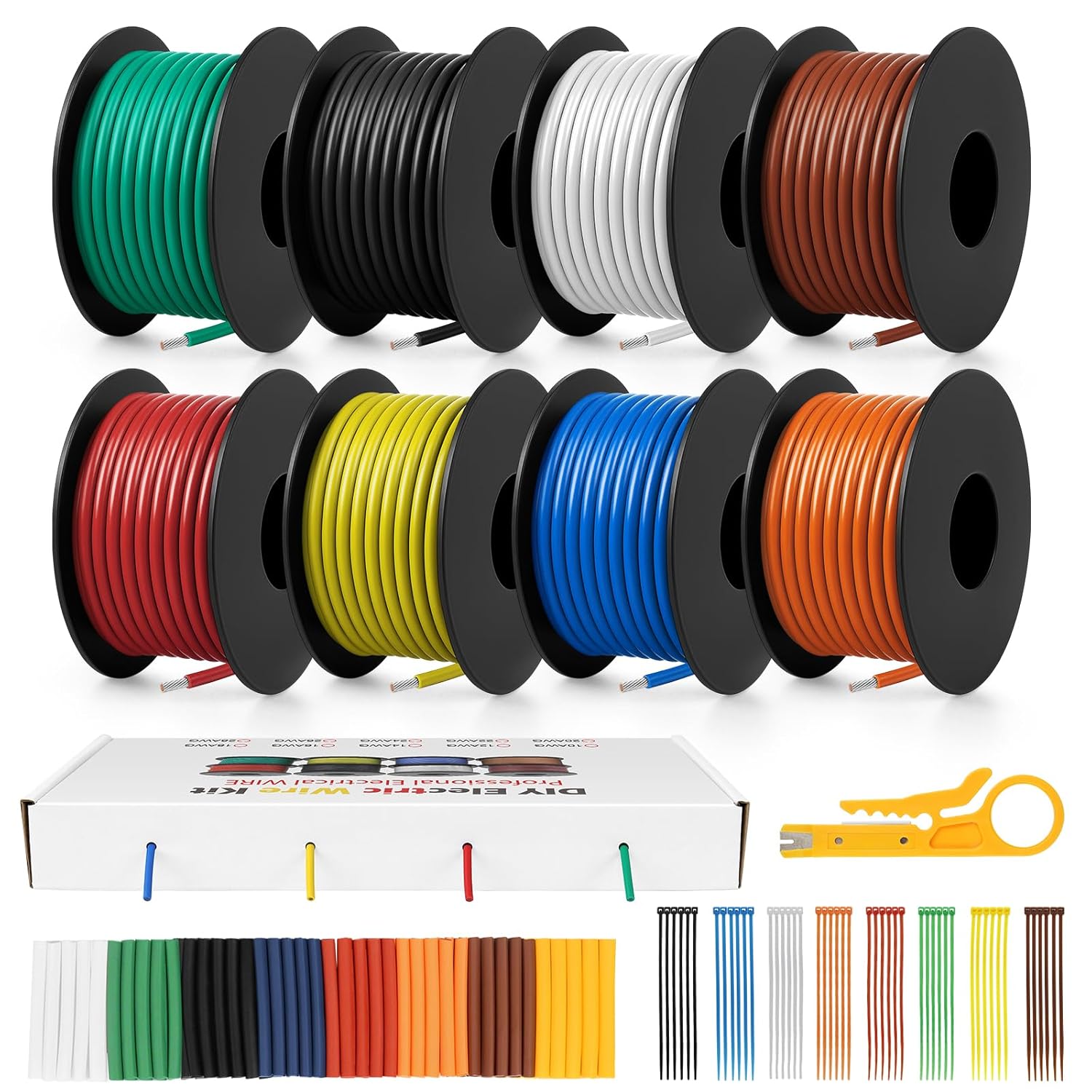 18 AWG Silicone Wire Kit, Stranded Tinned Copper Electrical Cable, 3m–15m Each Roll × 8 Colors, Flexible Heat Resistant Hook Up Wire Set for DIY, Automotive, LED, RC, Power Wiring