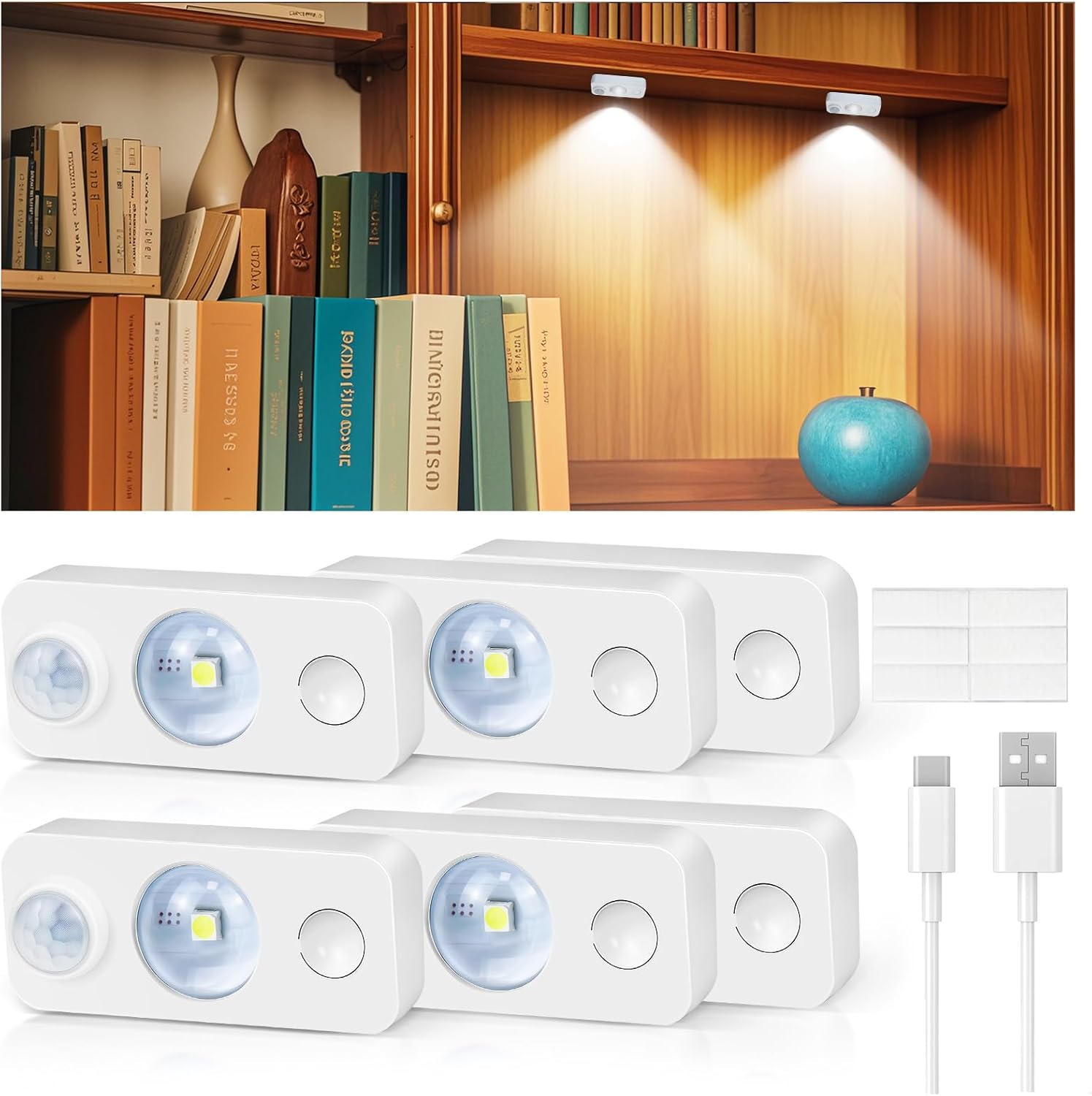 Rechargeable LED Puck Closet Light – 4/6/8 Pack | Motion Sensor, Tap Switch, Dimmable | Warm / Daylight White | Black / White Finish | Easy Mounting for Closets & Cabinets