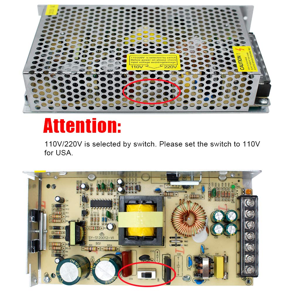 DC 12V/24V Switching Power Supply 60W–250W, AC 110/220V Input, Constant Voltage LED Driver Transformer, Metal Case with Screw Terminals, CE/FCC/RoHS Certified