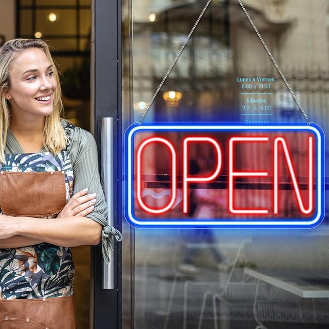 OPEN Silicone Neon Signs – USB Powered | 16×9 inch | Blue + Red Glow | LED Window Hanging Light for Storefronts