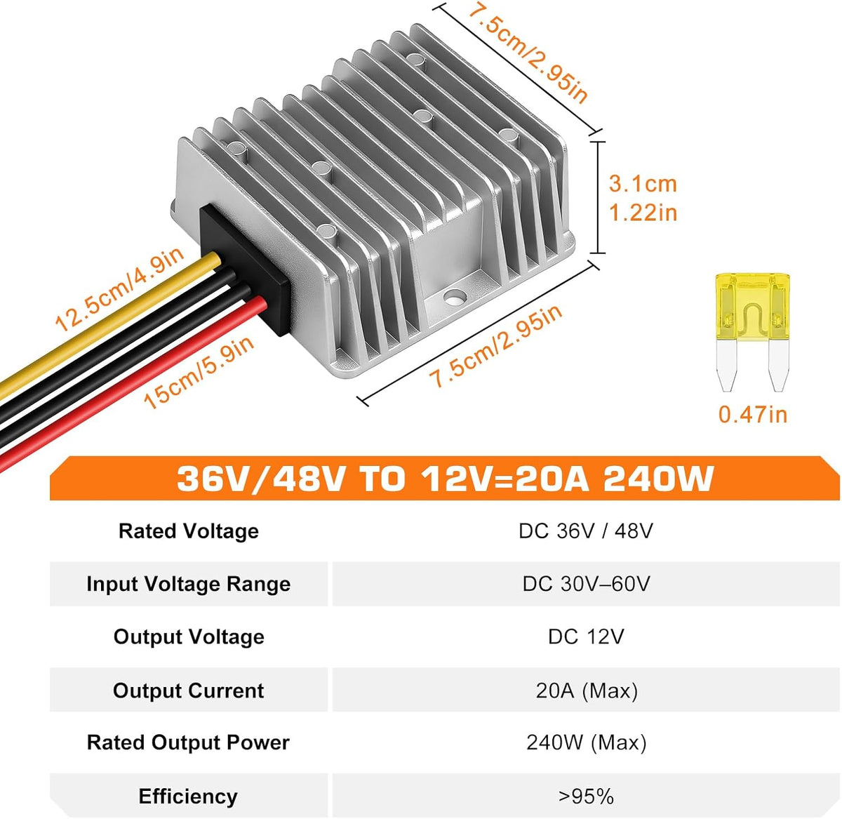 DC 36V/48V to 12V Voltage Converter 10A/15A/20A/30A Step Down Regulator Buck Reducer Power Converter | IP68 Waterproof Transformer for Golf Cart with Fuse | Quick Connect Termina